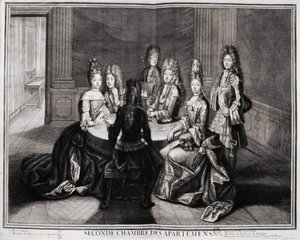 Huoneistojen toinen huone (Versailles): 1. Monsignor, 2. Madame Princess of Conty Dowager, 3. Monsieur le Duke de Bourbon, 4. Rouva Bourbonin herttuatar, 5. Monsieur de Vandôme, Ranskan suurpriori. Kaiverrus Trouvainista, 1700-luvun alku tekijältä Unknown artist