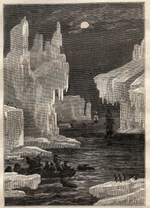 Kapteeni James Cookin (1728-1779) toinen matka (1772-1775): jääsaaret (jäävuori), risteykset ympärileikkauksen niemen polulla (Bouvetin saari, Etelämanner) - kuva otettu teoksesta "The Great Mariners of the the Great Mariners 1700-luku"" tekijältä Unknown artist