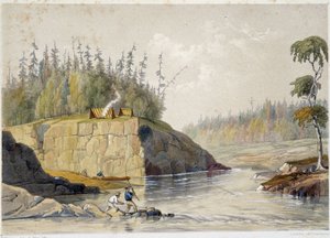 Uudisasukkaat Kanadassa kalastamassa joessa - William Hickmanin "" Luonnokset nipisaguitista, New Brunswickin joesta Amerikassa"" Halifax tekijältä Unknown artist