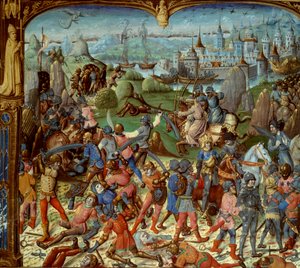Seitsemäs ristiretki (1248-1254). Ludvig IX (Pyhä Ludvig) (1215-1270), Ranskan kuningas, risteyksillä sen jälkeen, kun saraseenit voittivat hänet Mansourahissa vuonna 1250. He vetäytyivät Damaskoksen tornien taakse. Ludvig IX ja hänen kaksi veljeään joutuv tekijältä Unknown artist