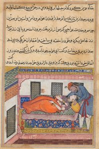 Shahr-Arain aviomies kumartuu suudellakseen vaimoaan, joka teeskentelee unta, Tuti-namasta (Papukaijan tarinat): Neljäskymmenes yö tekijältä Unknown artist