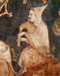 Paimen puhaltaa säkkipillissä Yksityiskohta. 1300-luvun fresko. Navarran Olite-museosta (Navarra), Pamplona tekijältä Unknown artist