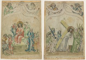 Yksittäinen lehti "Biblia Pauperumista": orjantappuroilla kruunattu Kristus (recto) Kristus kantaa ristiä (verso) tekijältä Unknown artist