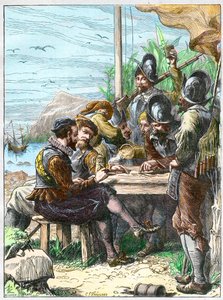 Sir Walter Raleigh Trinidadissa, saamassa tietoja espanjalaisilta Guayanasta, 1595. - Walter Raleighin tutkimusmatka tekijältä Unknown artist