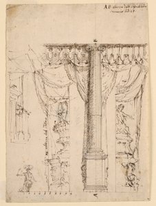 Luonnos kolmelle sivusiivelle, joissa on osa Proscenium-kehystä tekijältä Unknown artist