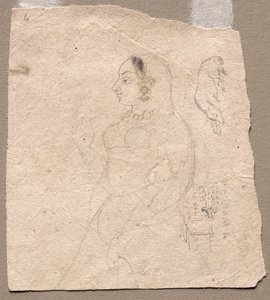 Luonnos naisesta, jolla on norsu ja muita eläimiä kääntöpuolella tekijältä Unknown artist