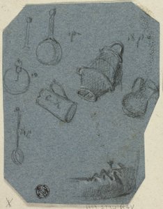 Luonnoksia keittiövälineistä, taivutettu käsi (etusivu); historiallinen kohtaus (kääntöpuoli). tekijältä Unknown artist