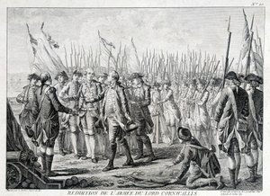 Lordi Cornwallisin (1738 - 1805) brittiarmeija antautui Amerikalle 19. lokakuuta 1781. tekijältä Unknown artist