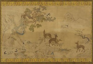Kuvakudos: maisema peuroja, haikaroita, mäntyjä ja persikkapuuta tekijältä Unknown artist