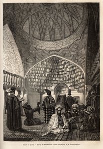 Tataarit rukouksessa Schushan moskeijassa (Transkaukasia, Venäjä). Kaiverrus havainnollistamaan matkaa Kaukasuksen maakunnissa, Basile Vereschaguine, 1864-1865, julkaistu "" le tour du monde" -lehdessä, D