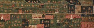 Temppelibanneri, jossa on pyhiinvaelluskohteita ja kohtauksia Svayambhu-puranalta (muinaisen Buddhan teksti) tekijältä Unknown artist