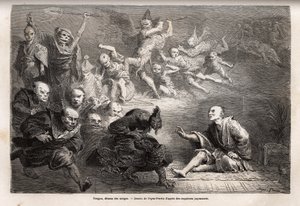 Tengu tai unelmien demoni, japanilaisen kansanperinteen pieni jumala, zoomorfi, hän ottaa korpin muodon, jolla on maagisia voimia, se on suosittu taiteen, teatterin ja kirjallisuuden aihe Japanissa. Kaiverrus havainnollistamaan matkaa Japaniin vuosina 1863 tekijältä Unknown artist