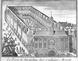 Amsterdamin pörssi, jossa kauppiaat kokoontuvat. 1700-luvun kaiverrus. tekijältä Unknown artist