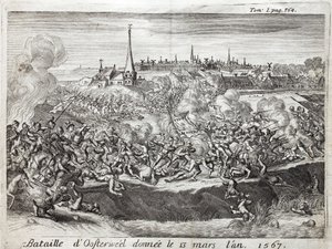 Oosterweelin taistelu (Alankomaat, Alankomaat), pidettiin 13. maaliskuuta 1567, kahdeksankymmenen (80) vuoden sodan (1567-1648) ensimmäinen yhteenotto. Kaiverrus "Flanderin sodan historiaa", kirjoittanut Flamianus Strada, painos Joseph T