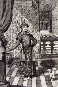 Kiinan keisari ja tataarien korkein hallitsija - Kiinan keisari Kangxi (1652-1722) Qing-dynastia, Athanasius Kircherin (1601-1680) kaiverrus "" China Monumentis, qua sacris qua profanis"" 1667 - Kiinan keisari165 K2angxi -1722) Qing-dynastia, tekijältä Unknown artist
