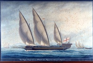 Genovan keittiöt Raggia ja San Giorgio jahtaavat algerialaista chebec Uccelloa. 11. elokuuta 1788. Maali tekijältä Unknown artist