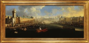 Louvren Grande Galerie, jossa on Porte Neuve, Pont-Neuf, Cité, rakenteilla oleva Collège des Quatres-Nations ja Quai Malaquais, noin 1665, vuosien 1665 ja 1670 välisenä aikana (öljy kankaalle). tekijältä Unknown artist