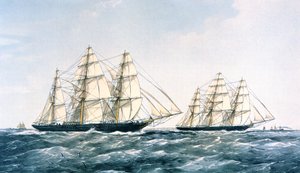 Great Clipper Ship Race 1866 Arielin ja Taepingin välillä tuoden uuden teesadon Kiinasta Lontooseen (värilitho) tekijältä Unknown artist