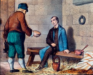 Italialainen patriootti Silvio Pellico (1798-1854) syyttää karbonarismista (carbonari) ja sulkee Spielbergin (Spilberkin) linnoituksen Moravian litografiaan 1800-luvulla. tekijältä Unknown artist