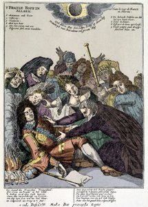Kuningas pyörtyi ja hovimiehet piirittivät hänet, surivat: pilkkaa Louis XIV:n käänteissä Alankomaissa ja Italiassa vuonna 1706 tekijältä Unknown artist