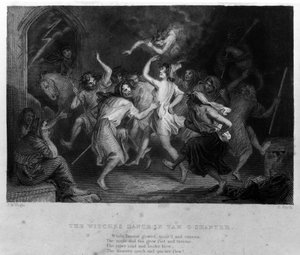 Legenda Cutty Sarkista Robert Burnsin runon jälkeen: noitien tanssi. Kaiverrus 1800-luvulta tekijältä Unknown artist