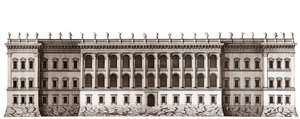 Pariisin Louvre, Gian Lorenzo Berninin projekti: Tuileriesin puoleisen pääjulkisivun korkeus - Jacques-Francois Blondelin "" Architecture francoise -arkkitehtuurista" - Cote jardin de Tuileriesin pääjulkisivun kohoaminen - Berninin projekti - kaiverrus Je tekijältä Unknown artist