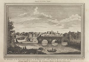 Senaattorisillan jäänteet Tyberillä; Nyt kutsutaan Ponte Rottoksi tämän sillan yli, senaatti meni kaikin tavoin neuvottelemaan Sybills Books -kirjasta Monte Gianiculossa tekijältä Unknown artist