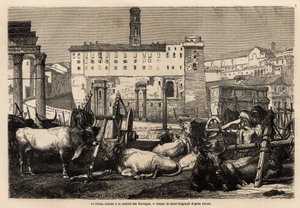 Roomalaisella foorumilla on rehuvuokraus, härät makaavat kärryjen ja muinaisten raunioiden keskellä. Engravure pour illustrrer le voyage à Rome, Francis Wey, 1864-1868, julkaistu "" Le tour du monde""" 1869, toimittanut Edouard Charton, painos Hachette, tekijältä Unknown artist