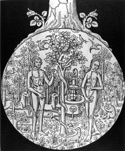 Tieteen puu (Aadam ja Eeva paratiisissa) - kaiverrus, deb. 1500-luvulla Jean Adhemarin teoksessa L