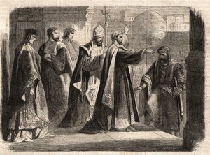 Milanon arkkipiispa Pyhä Ambrosius (Aurelius Ambrosius, Ambrogio di Milano (340-397) kielsi Rooman keisari Theodosius I:ltä (Flavius Theodosius) (347-395) pääsyn kirkkoon rangaistakseen häntä Thessalonikan verilöylystä vuonna 390 - Excommunicati tekijältä Unknown artist
