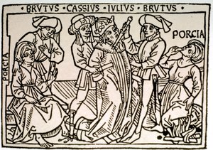 Jules Cesarin (100-44 eKr.) salamurha: Brutus ja Cassius puukottavat häntä, kun taas Brutuksen vaimo Porcie katoaa. Ksylografia 1500-luvun Roomasta, Biblioteca Vallicelliana ©Luisa Ricciarini/Leemage tekijältä Unknown artist