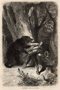 Kirjoittaja on Jacksonvillen ympärillä retken aikana yllättynyt metsässä kotikarhusta ja ketjusta. Kaiverrus havainnollistamaan tarinaa neljä kuukautta Floridassa, Achille Pousselgue vuosina 1851-1852, julkaistu "" Le tour du monde" -lehdessä 1870-1871, to tekijältä Unknown artist