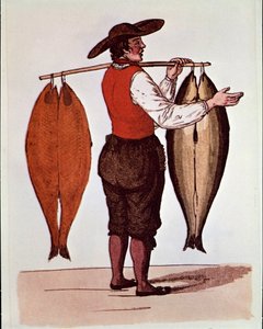 Pariisin huudot: kävelevä lohikauppias polttaa Elbeä. Nimetön 1800-luvun printti. Yksityinen kokoelma tekijältä Unknown artist