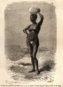 Oualetista (Mauritaniasta) kotoisin olevan maraboutin tytär, jolla oli jatte päässään tehdäkseen mustaa saippuaa. Kaiverrus havainnollistamaan luutnantti (laivasto) M.Magen matkaa Länsi-Sudaniin vuosina 1863-1866, julkaistu "Le tour du monde, nouveau journ tekijältä Unknown artist