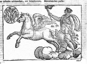 Aamunkoitto (auringon vaunut). Allegoria auringonnoususta kreikkalaisen ja roomalaisen mytologian hahmojen kanssa taivaalla. Kaiverrus Natalis Comitisin "Mytologiasta ja tarinoiden selityksistä". 1637. tekijältä Unknown artist