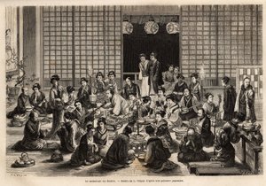Yokohama-teatterin ruokasali on jatkuvasti täynnä, jopa esityksen aikana. Kaiverrus havainnollistamaan matkaa Japaniin, Sveitsin valaliiton ministeri Aime Humbert vuosina 1863-1864, julkaistu "" le tour du monde" -lehdessä. tekijältä Unknown artist