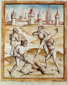 Petterin löytö linnoituksen kaupungin esikaupunkialueelta Miniatyyri otettu saksankielisestä käännöksestä Bidpain "Kalila (Calila) ja Dimna" -taruista. (ms. 1389, fol. 1) noin 1480 Chantilly, museo Conde tekijältä Unknown artist