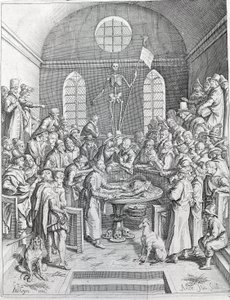 Lääkäreiden ja tiedemiesten dissektioryhmä kokoontui jälleen seuraamaan amfiteatterissa tehtävää dissektiota. Kaiverrus vuodelta 1788 tekijältä Unknown artist