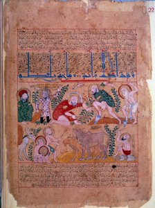 Lääkäri Andromakhos tarkkailee maataloustoimintaa Miniatyyri, joka on otettu "" Vastalääkekirjasta"" 1199 Paris, B.N. tekijältä Unknown artist