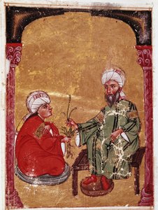 Lääkäri ja kasvitieteilijä Pedanius Dioscoride (Pedanius Dioscorides) (40-90 jKr.) istumassa yhden oppilaansa kanssa Miniatyyri hänen tutkielmansa "De materia medica" (ms Ahmed III, 2147, folio 217a) 1229 Topkapi Sarayi Museum Library, Istanbul tekijältä Unknown artist