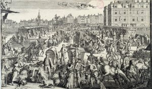 Pont Neufin hämmennys Pariisissa. Kuva liikenteestä ja ruuhista Pariisin kaduilla 1700-luvulla. Kaiverrus vuodelta 1710. Paris, Musee Carnavalet tekijältä Unknown artist