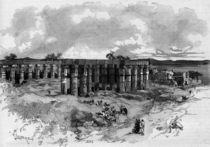 Luxorin kaivaukset Egyptissä, jota johti Gaston Maspero (1846-1916), ranskalainen egyptologi. Kaiverrus kirjaan "" The Illustrous World"" 1885 tekijältä Unknown artist