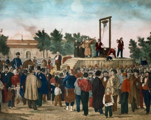 Felice Orsinin (1819 - 1858) ja Pierin teloitus 13.3.1858, jotka suorittivat 14. tammikuuta 1858 hyökkäyksen Napoleon III:ta vastaan Place de la Roquette -aukiolla Pariisin litografiassa 1800-luvun lopulla. Milanon yksityinen kokoelma tekijältä Unknown artist