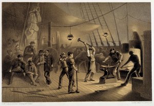 Takomo kannella. Elokuun 9. päivän yö valmistelee pinnoitusta kapstanille - W. H. Russelin "The Atlantic telegraph" -julkaisussa, n. 1860 tekijältä Unknown artist