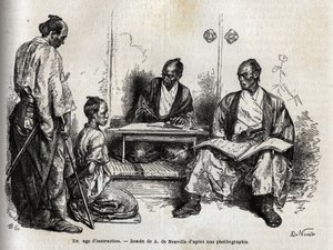 Tehtäviään suorittava tutkintatuomari polvistuu hänen edessään ja syyttää häntä samuraista. Kaiverrus havainnollistamaan matkaa Japaniin vuosina 1863-1864, Sveitsin valaliiton ministeri Aime Humbert teoksessa "Le tour du monde, nouveau jo tekijältä Unknown artist