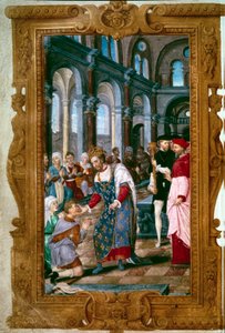 Kuningas koskettaa, Jumala kuulee sinua kuningas Henrik II (1519-1559), thaumaturge, ecrouelles-soturit Saint Marcoulin luostarissa juuri Reimsin kruunajaiseremonian jälkeen. Hänen lähellään Reimsin kaari. Miniatyyri teoksesta "Henry II:n tunnit" 154 tekijältä Unknown artist