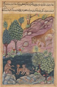 Leijona palaa alueelleen ja näkee apinan keskustelevan ilveksen kanssa Tuti-namasta (Papuukaijan tarinoita): Twenty-yhdeksäs yö tekijältä Unknown artist
