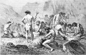 Esihistoriallisten miesten valmistama piikiven valmistus ja kiillotus Pressignyssä. tekijältä Unknown artist