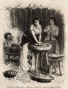 Maissileivän valmistus, ruoan perusta, Great Cauca Valleyn (Kolumbia) naisten toimesta. Kaiverrus havainnollistamaan matkaa New Granadaan, tohtori Saffray, vuonna 1869, julkaistu "" Le tour du monde""" 1873, toimittanut Edouard Charton, painos Hachet tekijältä Unknown artist