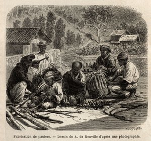 Palmulehtikorien valmistus kahvin keräämiseen. Kaiverrus havainnollistamaan matkaa Brasiliaan, M. ja Mme Agassizin tarina vuosina 1865-1866, julkaistu "Le tour du monde, nouveau journal des voyages" -lehdessä Edouard Charton johdolla. tekijältä Unknown artist